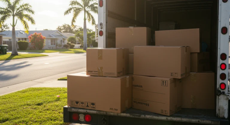 Outdoor, eye-level photograph showing the open back of a moving truck filled with brown cardboard boxes courtesy of Two Brothers and A Truck Moving