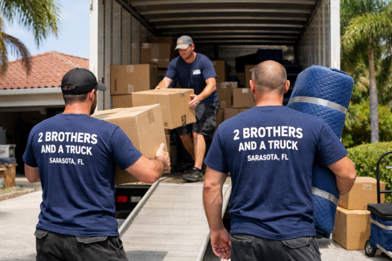 Photorealistic image of a moving company, 2 Brothers and A Truck, located in Sarasota Florida. Put t