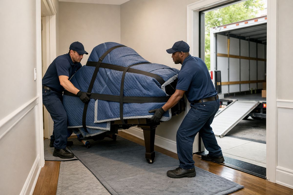 A narrow apartment hallway with movers carefully carrying a baby grand piano wrapped in thick padding around a tight corner, with floor runners protecting the wood floors and a loading truck parked outside the building