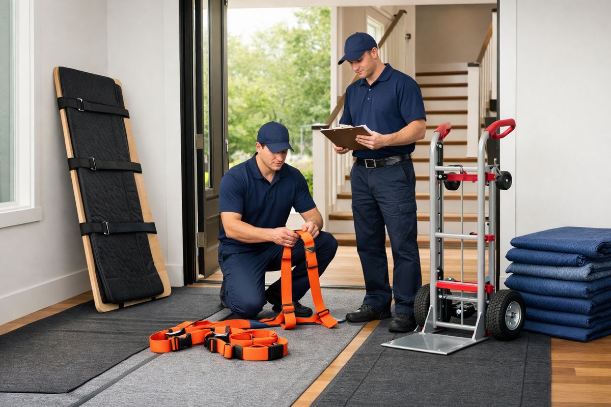 A moving crew preparing a heavy-item job beside an open front doorway, with a piano board, appliance dolly, lifting straps, thick floor runners, padded blankets, and a wide staircase visible in the background, showing the equipment and planning needed for oversized items.