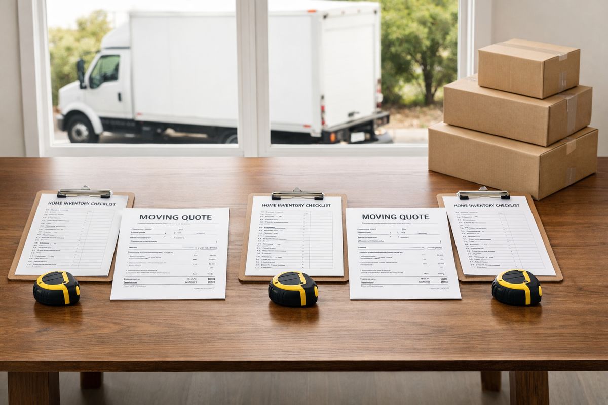 A dining table covered with three printed moving quotes laid out side by side, each one beside a clipboard, a home inventory checklist, a tape measure, and a small stack of packed cardboard boxes, with a moving truck visible through a window outside