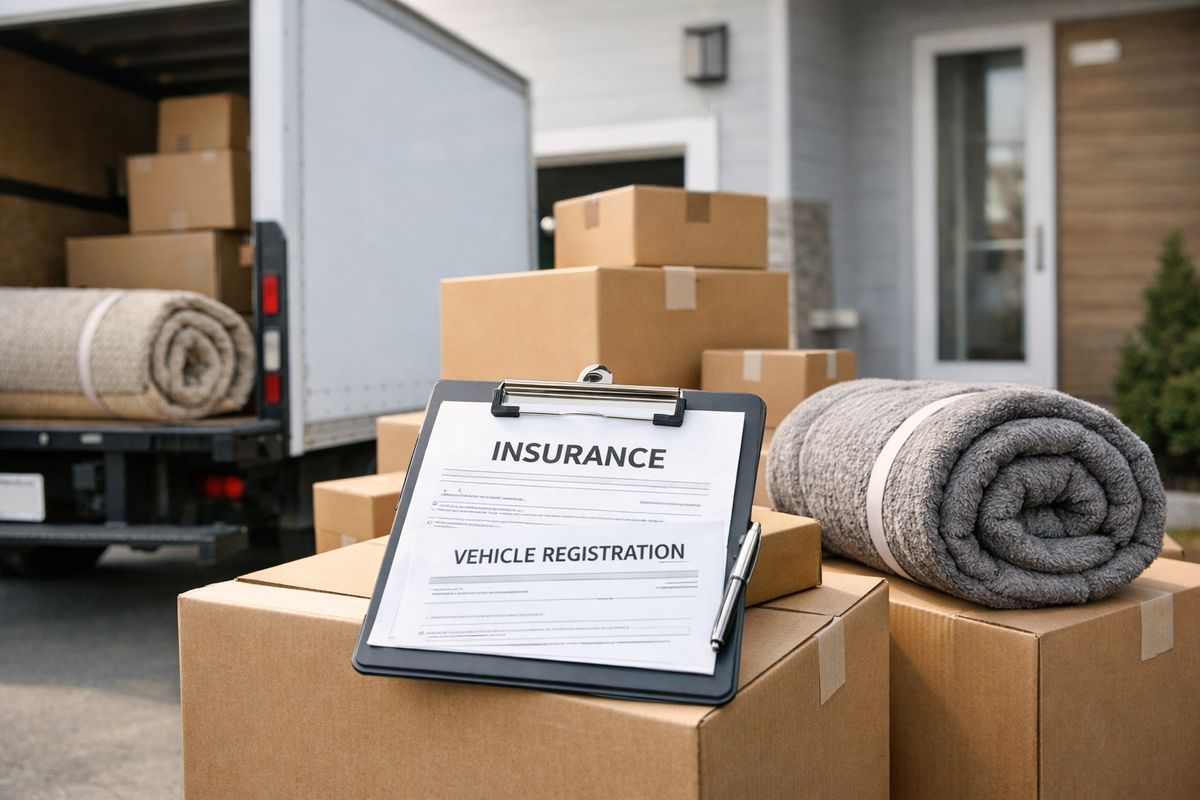 A moving truck parked beside a house with stacked moving boxes, a rolled-up couch blanket, and a clipboard showing insurance and registration papers held on top of a cardboard box, suggesting the difference between legal credentials and actual protection for belongings