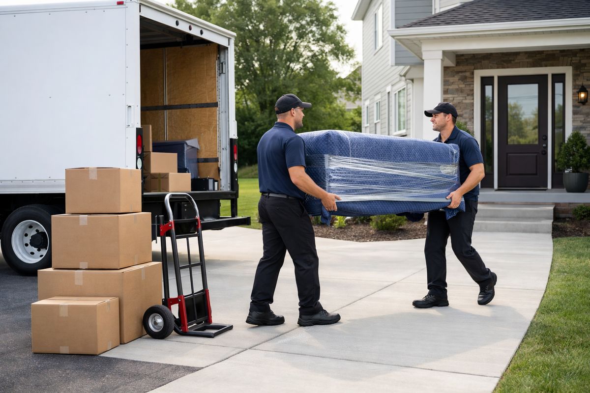 A moving truck parked outside a suburban home while two movers carry wrapped furniture toward the front door, with stacked boxes, a hand truck, and a long driveway showing a local move setup