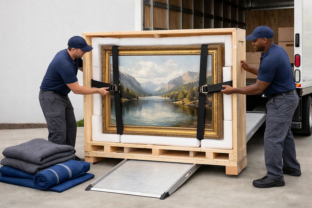 A moving team packing a large framed painting into a custom wooden crate surrounded by foam padding, with heavy-duty straps, a ramp, and protective blankets laid out beside a moving truck