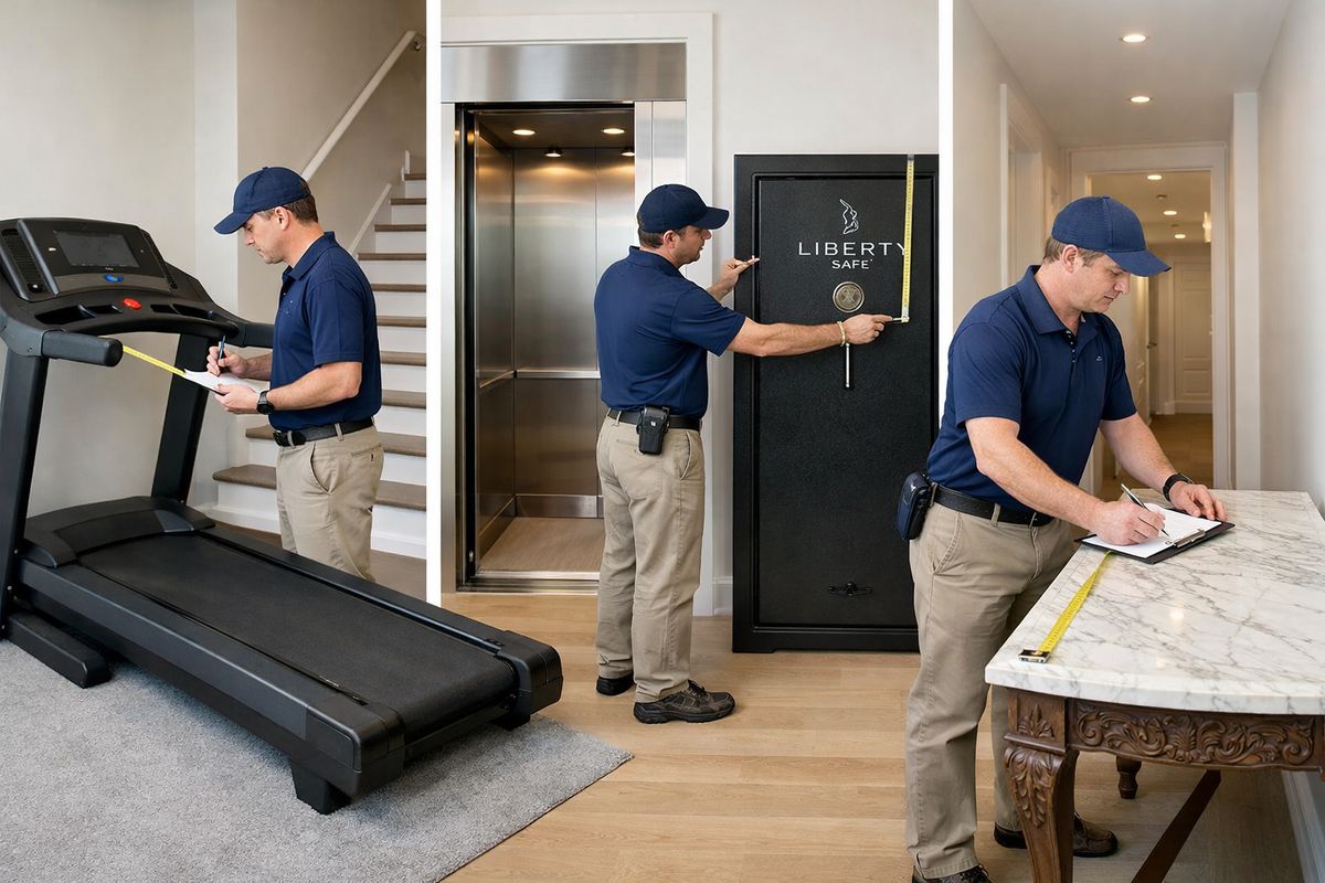 A moving estimator walking through a home while measuring a large treadmill, a gun safe, and a marble-top table, with stair landings, an elevator entrance, and a narrow hallway visible so the access path and item sizes can be assessed before the move.