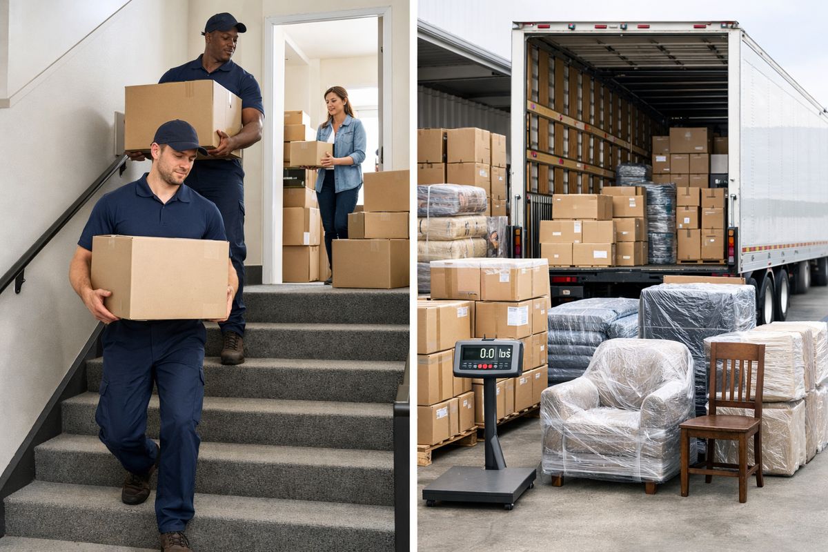 A split moving scene with a city apartment move in progress on one side, showing movers carrying boxes down stairs, and a long-distance truck loading area on the other side with wrapped furniture, a scale, and rows of stacked items being organized for shipment