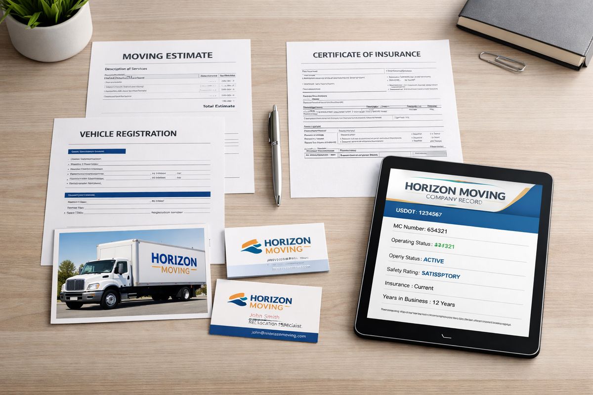 A desk with a printed moving estimate, a registration document, a certificate of insurance, and a tablet displaying a moving company record, alongside a truck photo and matching business cards laid out for comparison