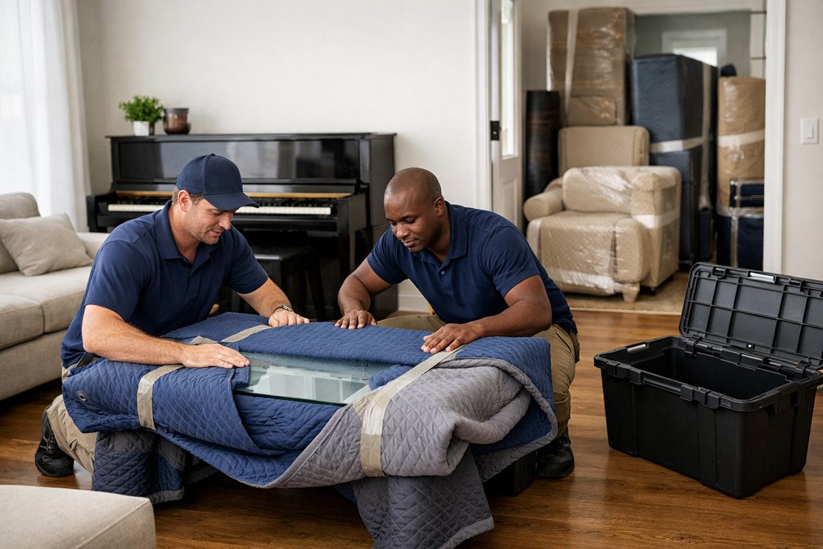 A packed living room with movers wrapping a glass dining table in thick blankets, a piano in the background, a large storage tote open nearby, and a doorway crowded with furniture awaiting transport