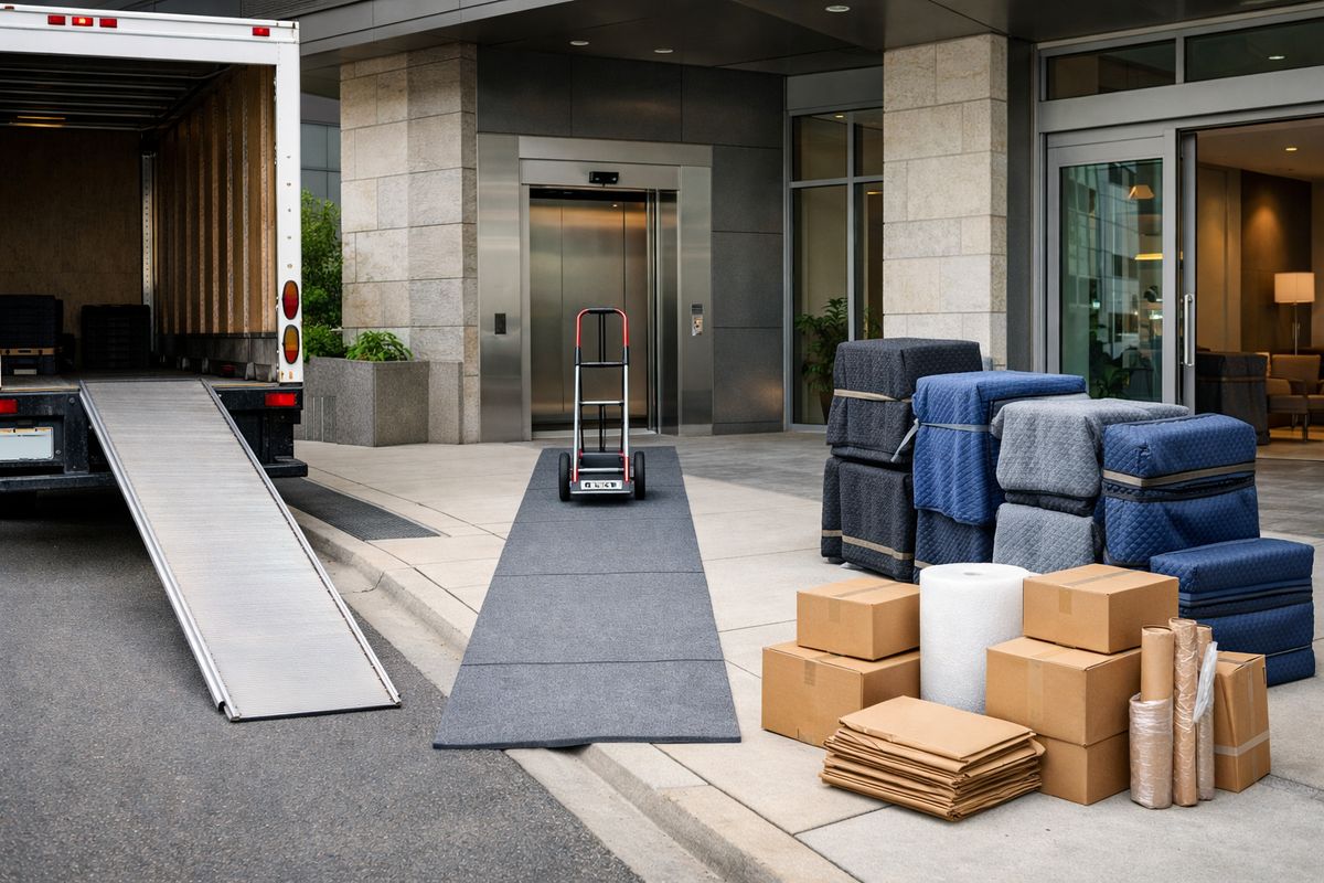 A moving truck parked near a condo entrance with a long dolly path from the curb to the building, an elevator nearby, a row of packed furniture wrapped in blankets, and extra boxes and packing materials stacked on the sidewalk beside the truck