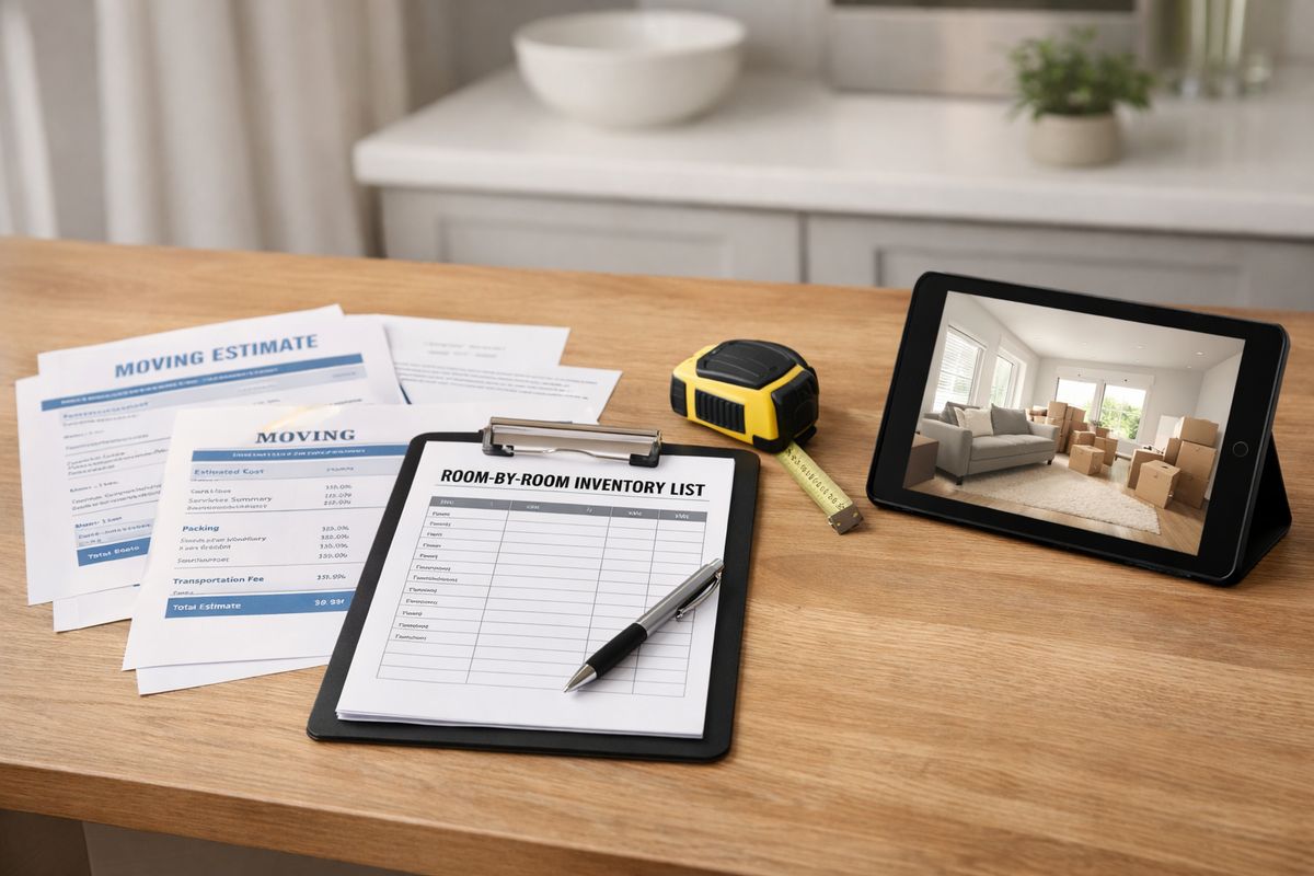 A kitchen table covered with several printed moving estimates, a clipboard, a room-by-room inventory sheet, a measuring tape, and a tablet showing a home walkthrough scene used to compare quotes