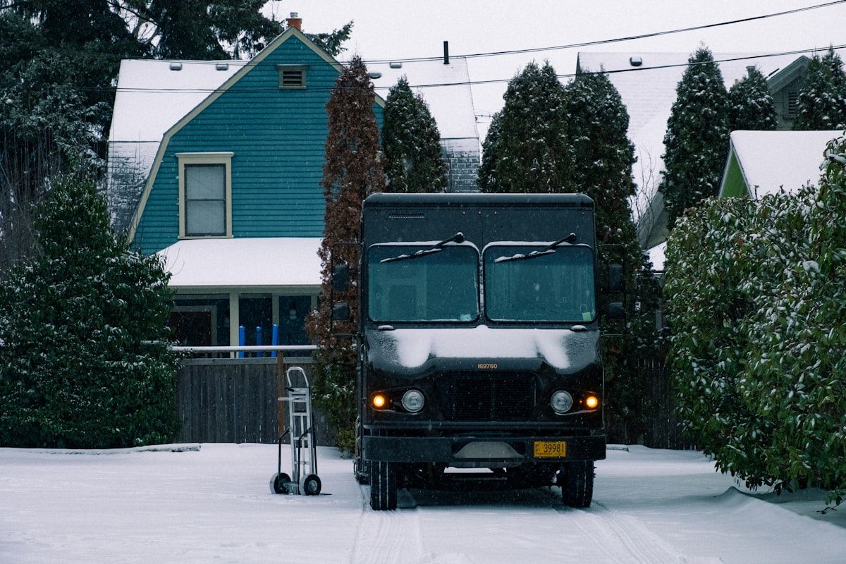 A moving truck being loaded at a driveway while a homeowner stands nearby holding a box of essentials and pointing toward different rooms, with open doors, stacked furniture, and wrapped furniture pieces around the entrance